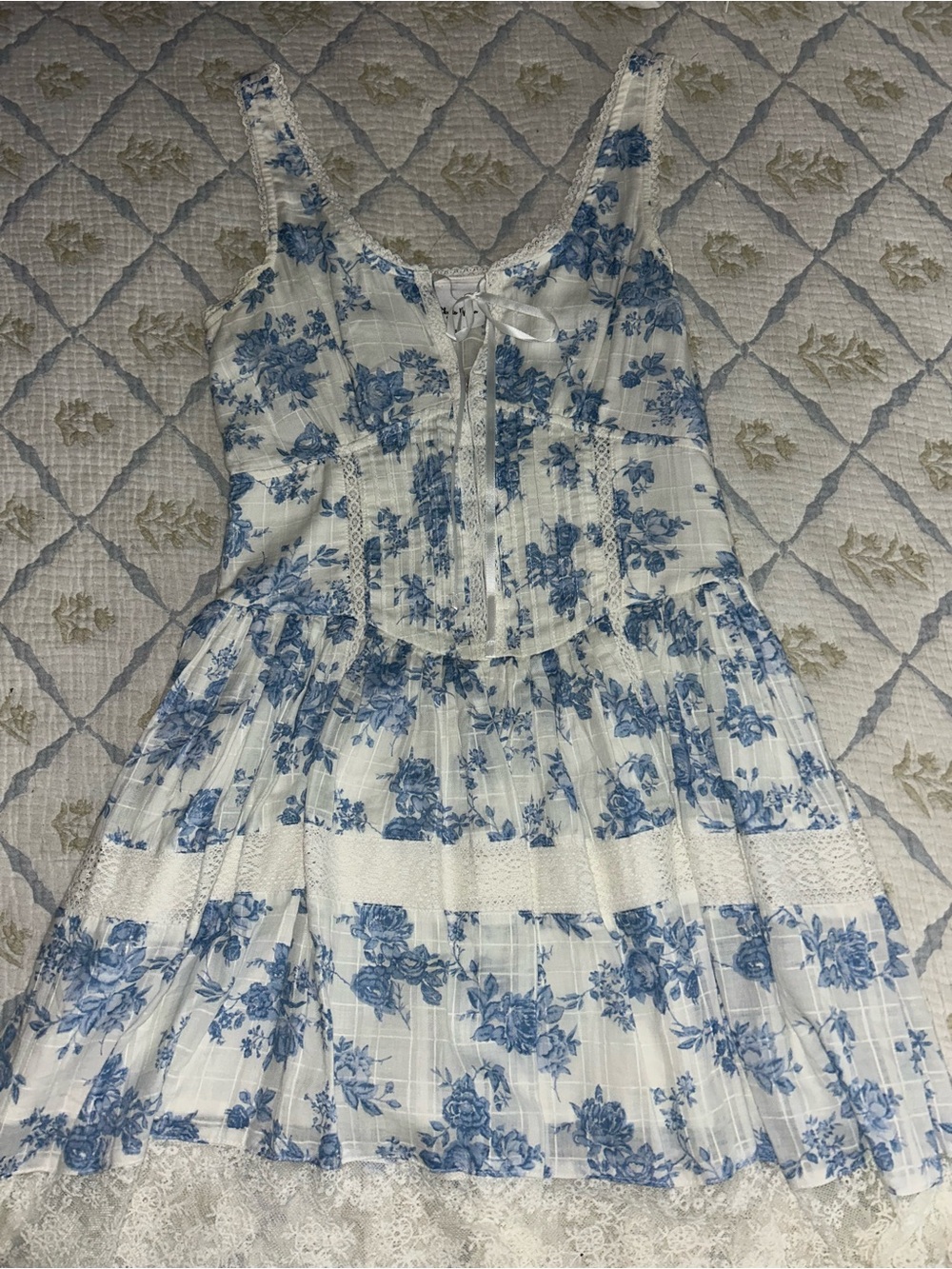 Blue Floral Lace-Trim Sundress - Women's